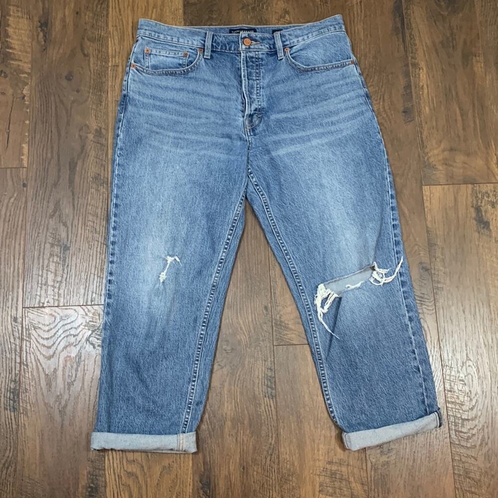 Lucky Brand Relaxed Taper Button Fly Cropped Ripped Light Wash Jeans